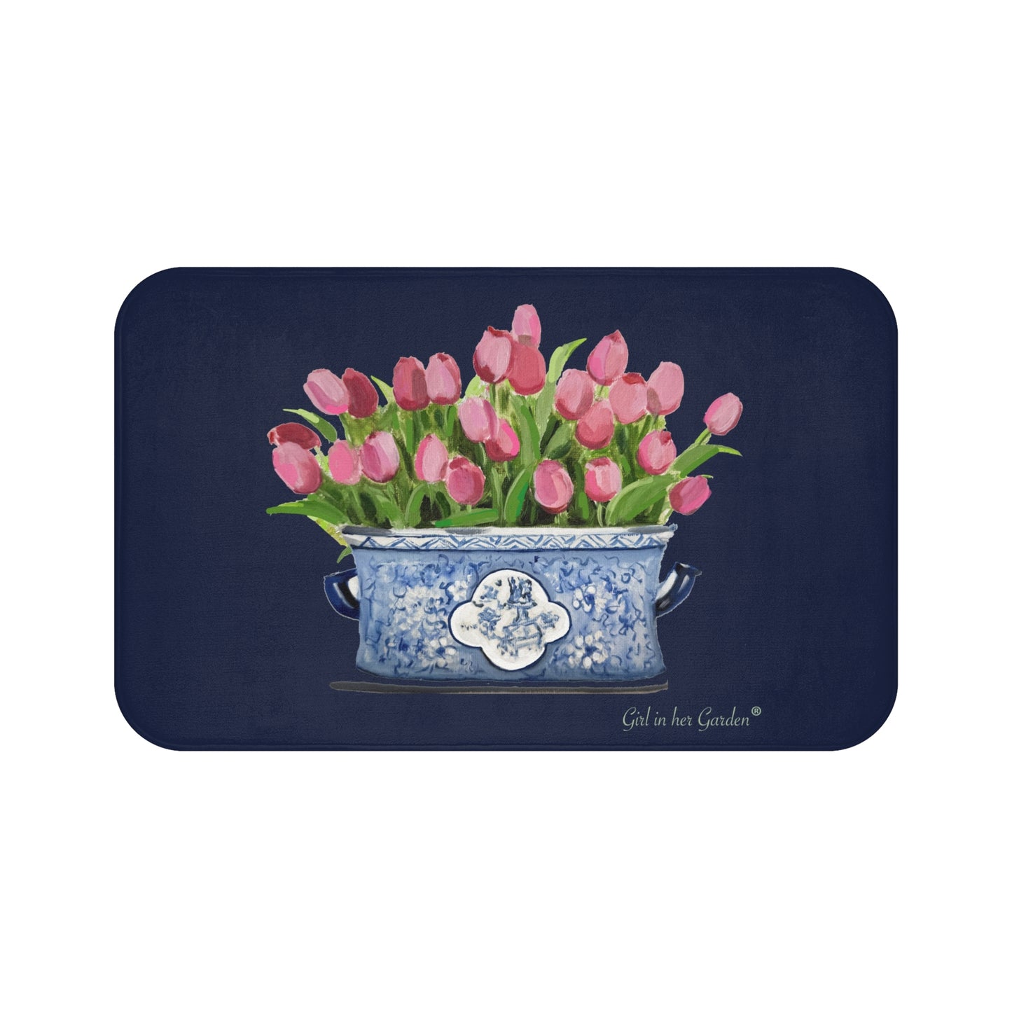 KItchen, Bath Cushion Mat Navy Tulips Chinoiserie Planter