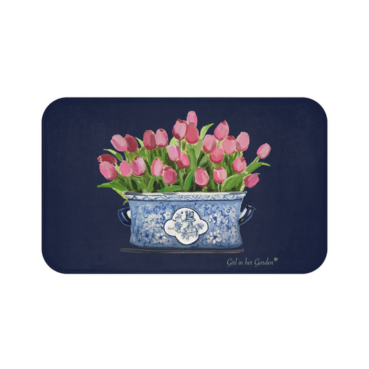 KItchen, Bath Cushion Mat Navy Tulips Chinoiserie Planter