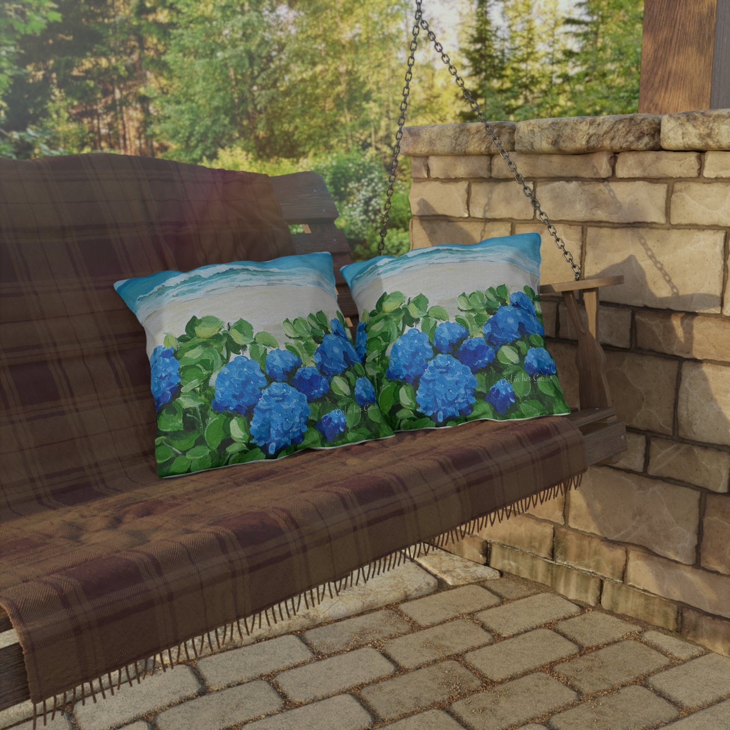 Blue Hydrangeas on the Beach Outdoor Pillows