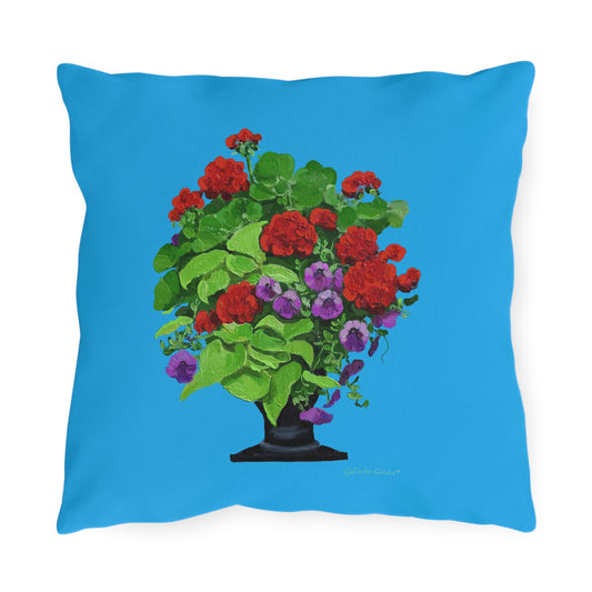 Blue background Red Geraniums Planter  Outdoor Pillows