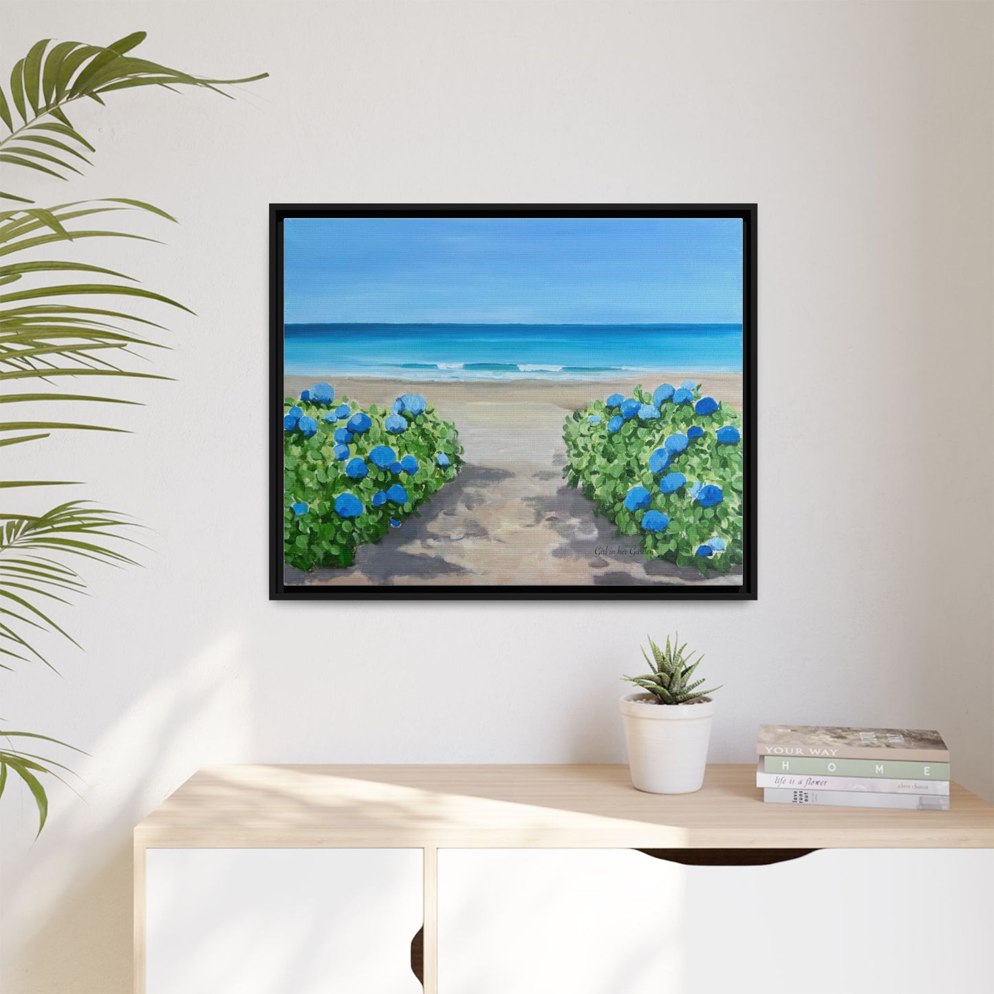 Hydrangeas on the beach Matte Canvas, Framed (Multi-color)