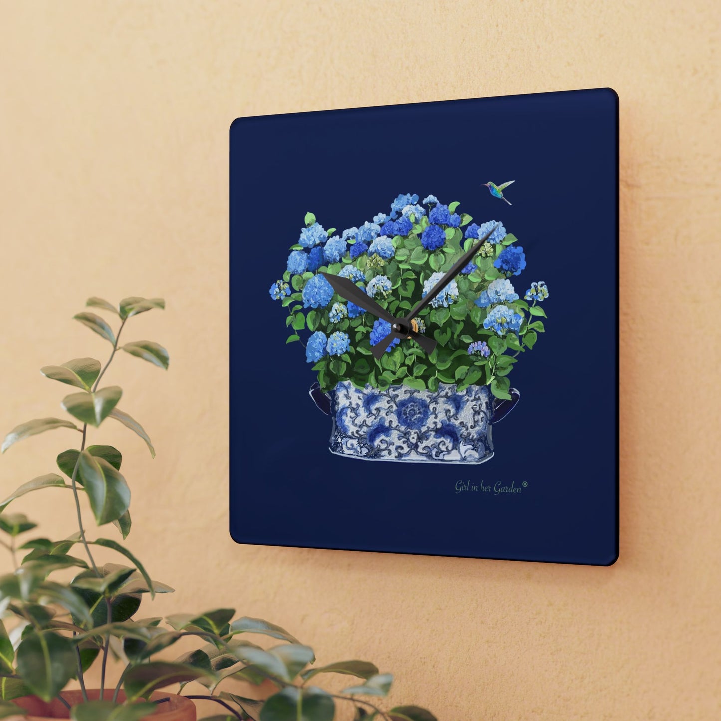 Navy Blue Hydrangea Wall Clock