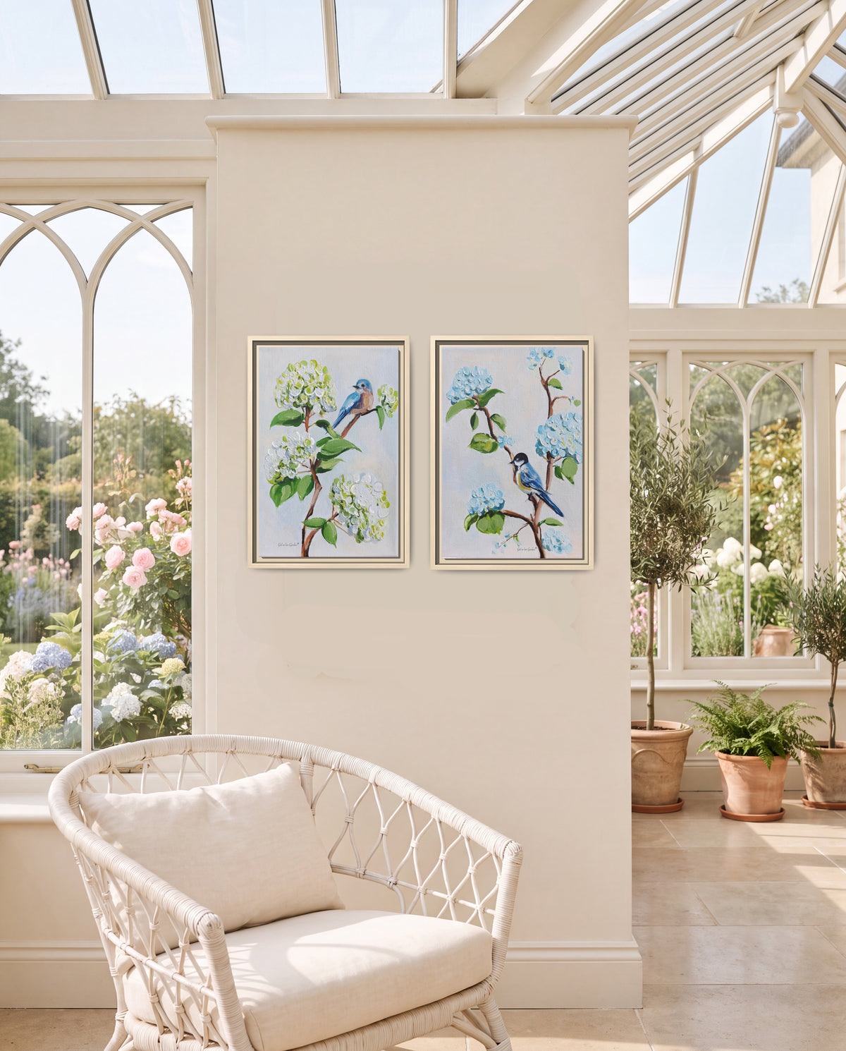 Hydrangeas & Birds, Framed Canvas Set of Two