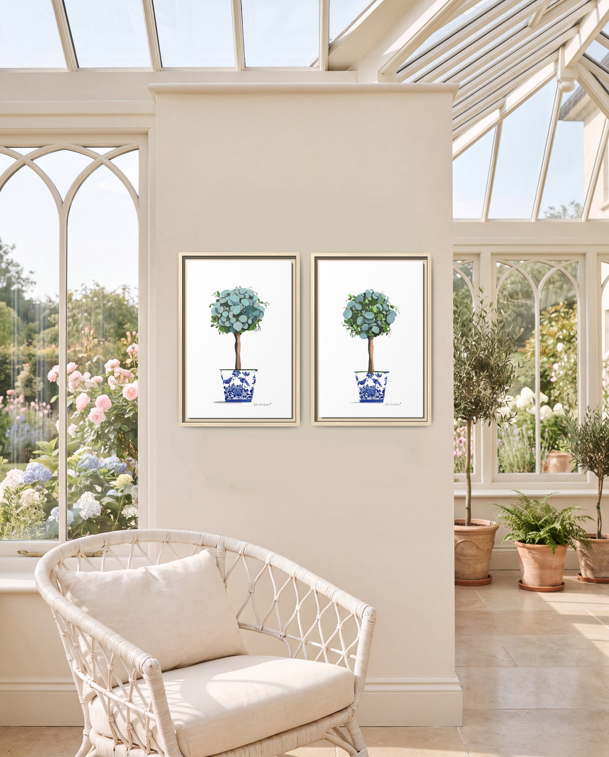 Eucalyptus Topiary Set, Framed Canvas