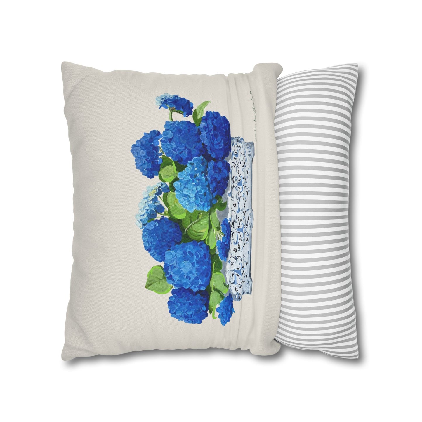Blue Hydrangea Planter Beige Pillow, Pillow Cover