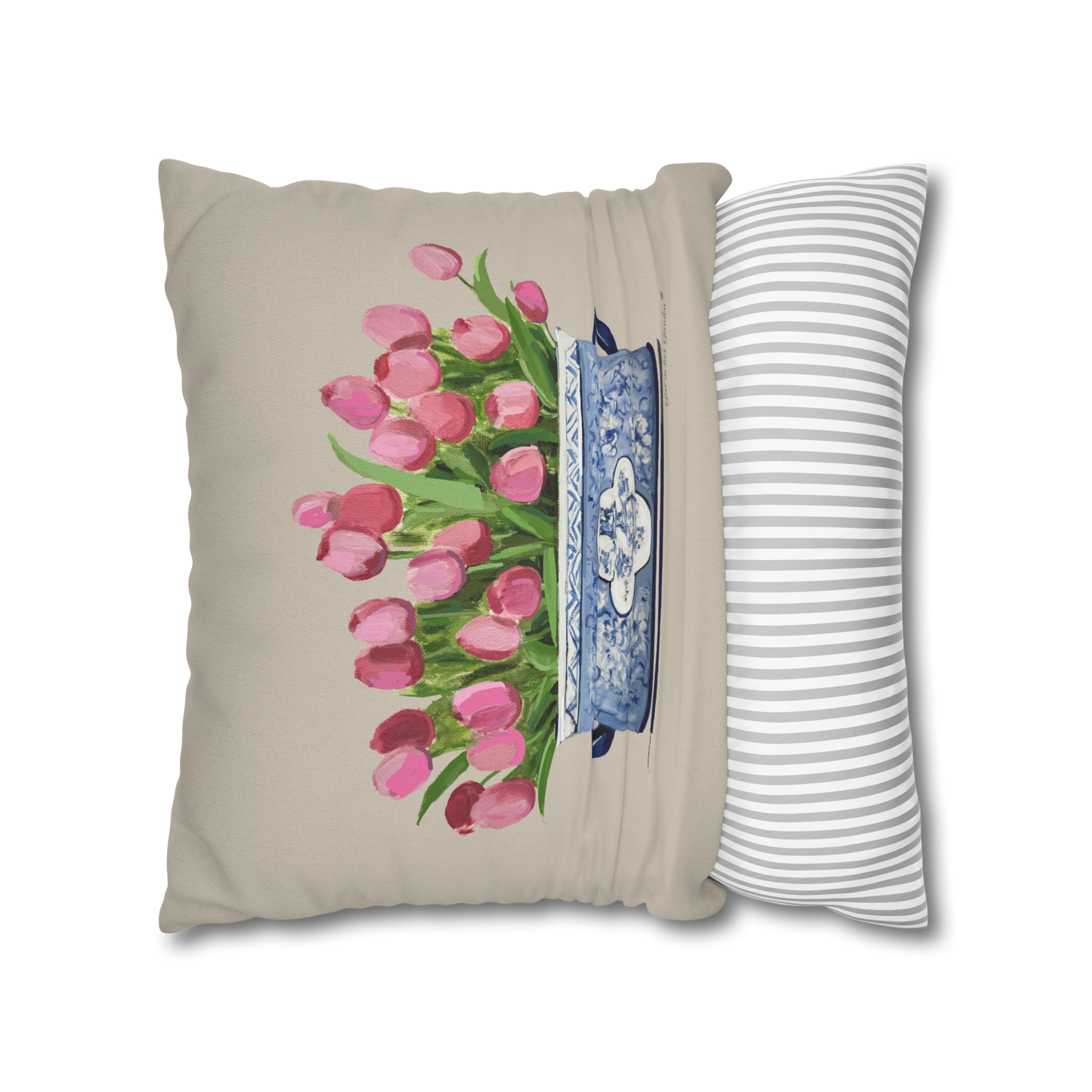 Pink Tulips Chinoiserie Planter Pillow, Pillow Cover
