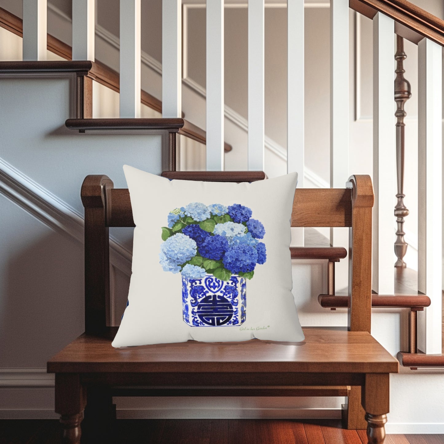 Blue Hydrangea Chinoiserie Beige Pillow, Pillow Cover
