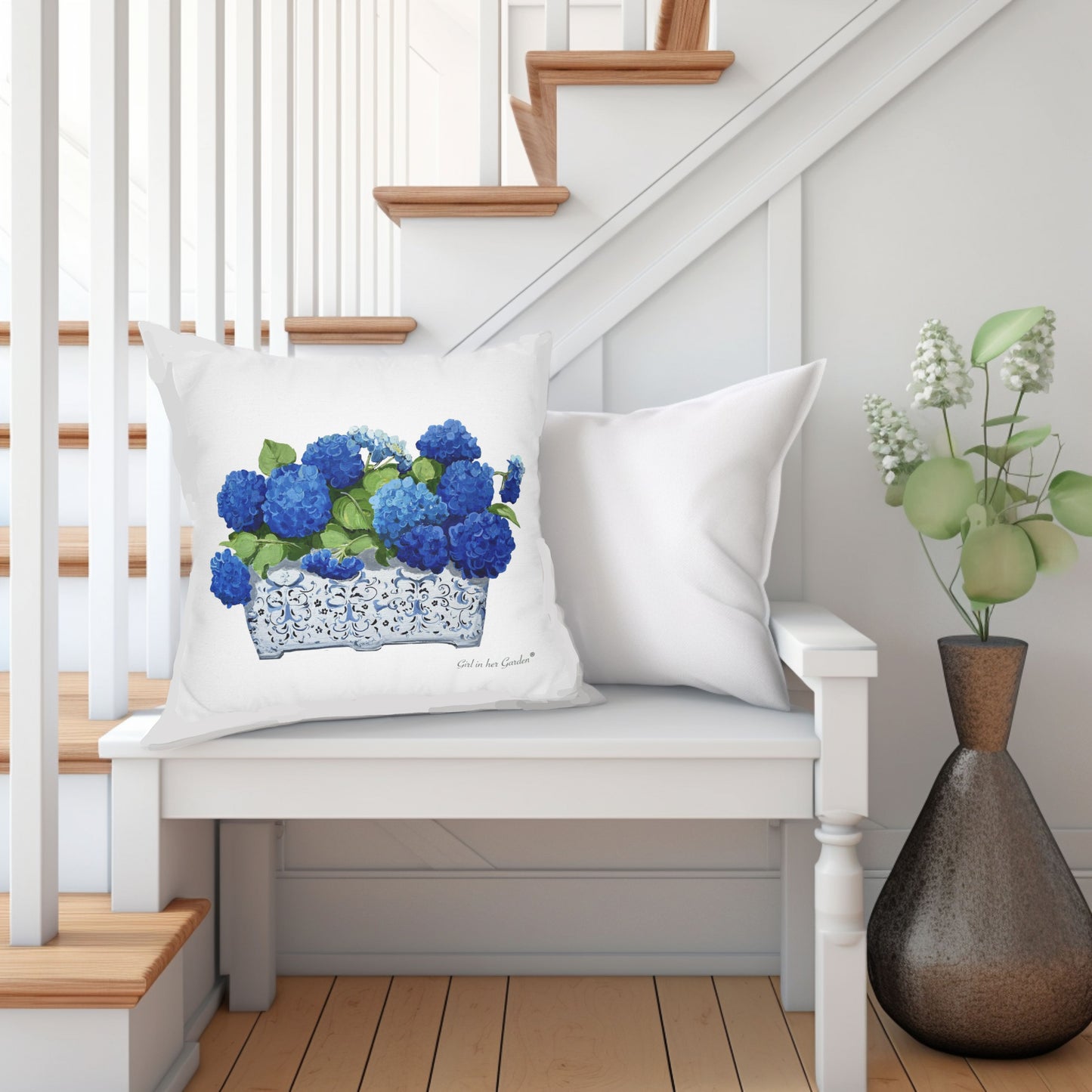 Blue Hydrangea Planter White Pillow, Pillow Cover