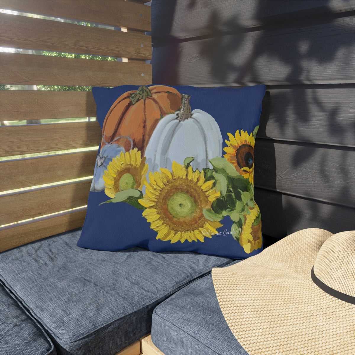 Navy Pumpkin & Sunflowers Outdoor Pillow, Pillow Cover