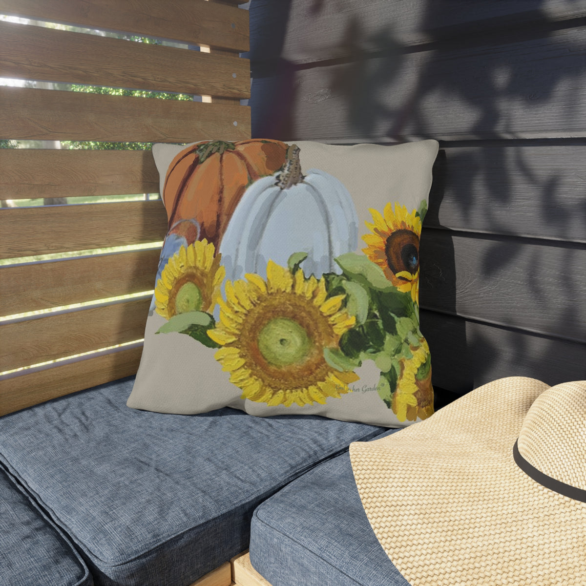 Beige Pumpkin & Sunflowers Outdoor Pillow, Pillow Cover