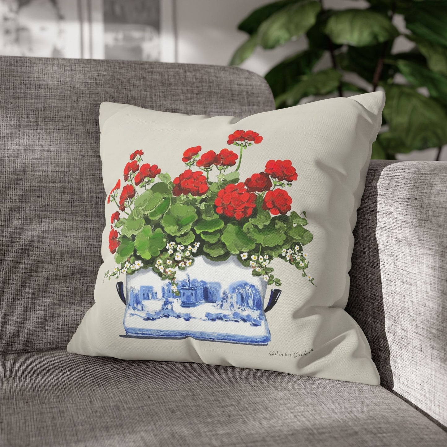 Red Geraniums Chinoiserie Planter Outdoor Pillow, Pillow Cover