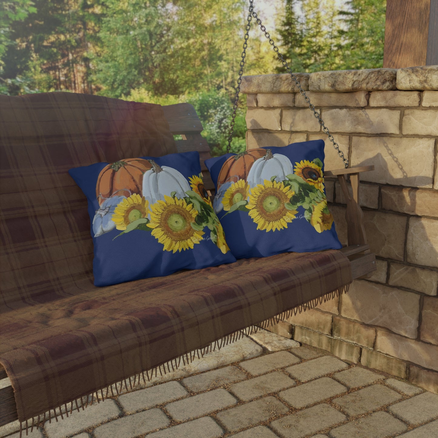 Navy Pumpkin & Sunflowers Outdoor Pillow, Pillow Cover