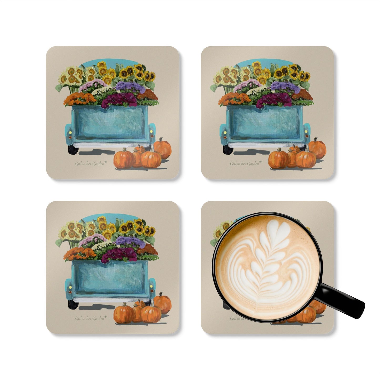 Fall Harvest Beige Truck Coaster Set