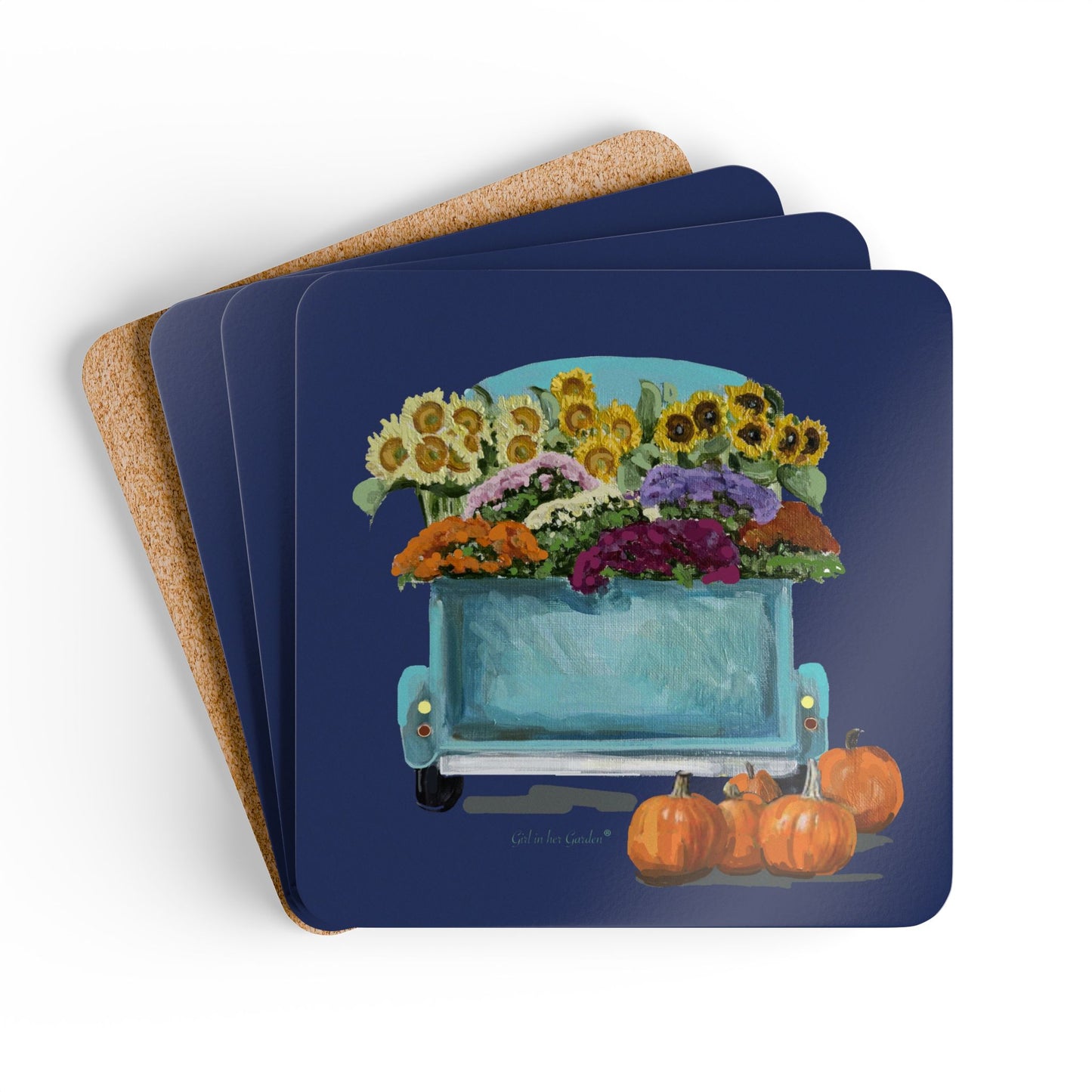 Fall Harvest Navy Truck Coaster Set