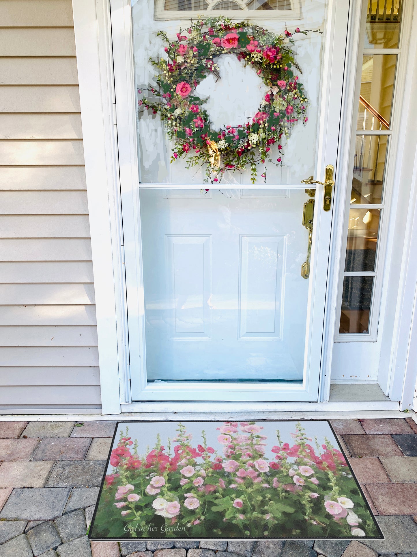 Indoor Outdoor Rubber Floor Mat, Painted Hollyhocks