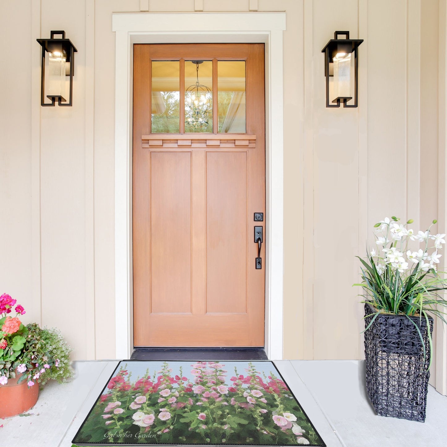 Indoor Outdoor Rubber Floor Mat, Painted Hollyhocks