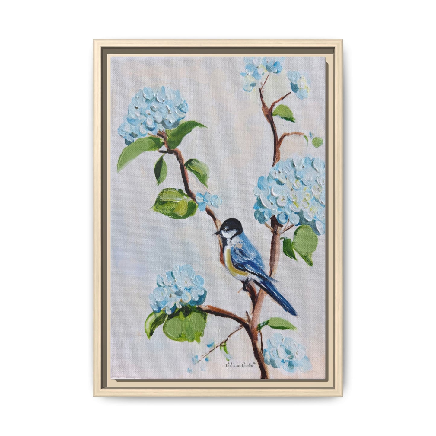 Lt. Blue Hydrangeas & Bird, framed Canvas