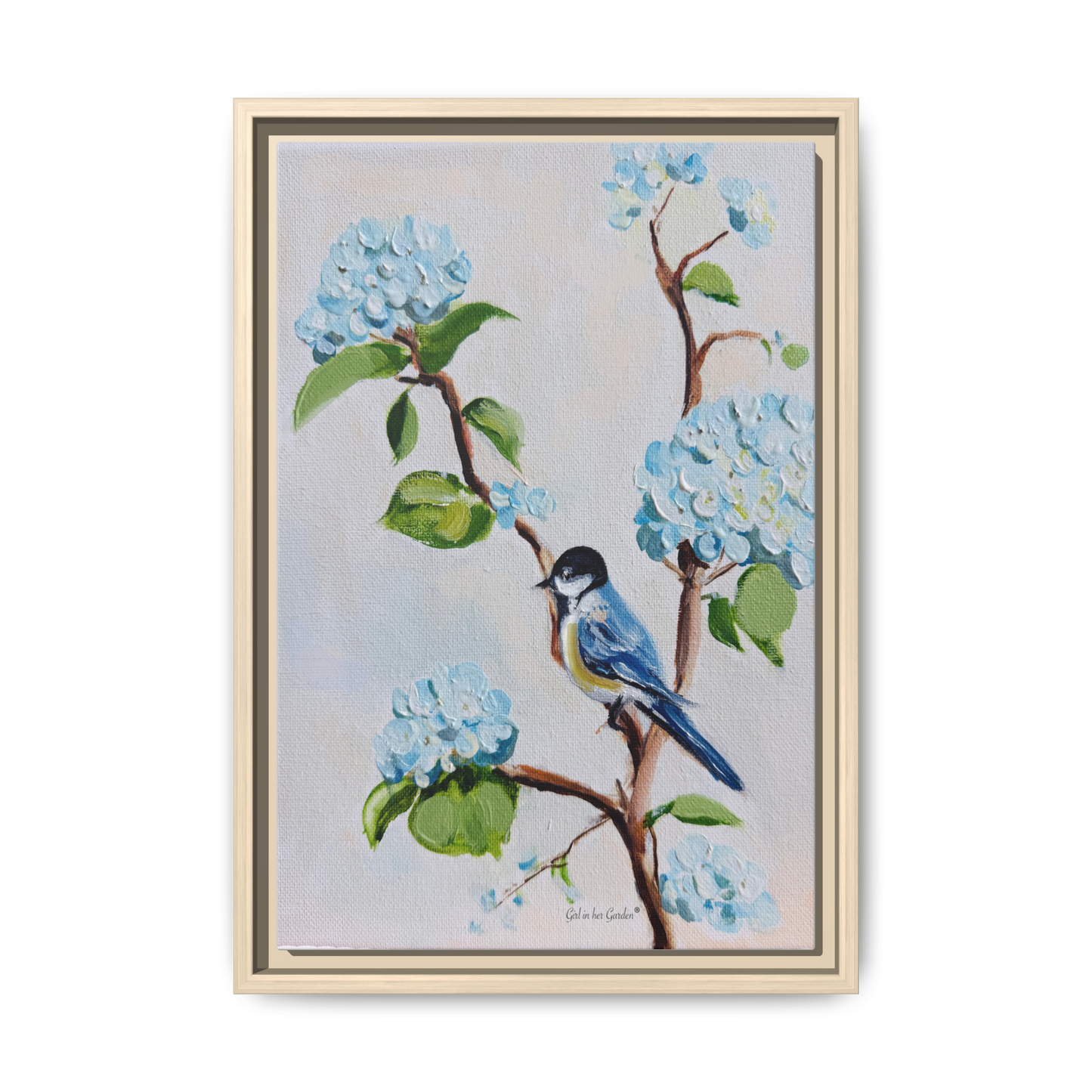 Lt. Blue Hydrangeas & Bird, framed Canvas