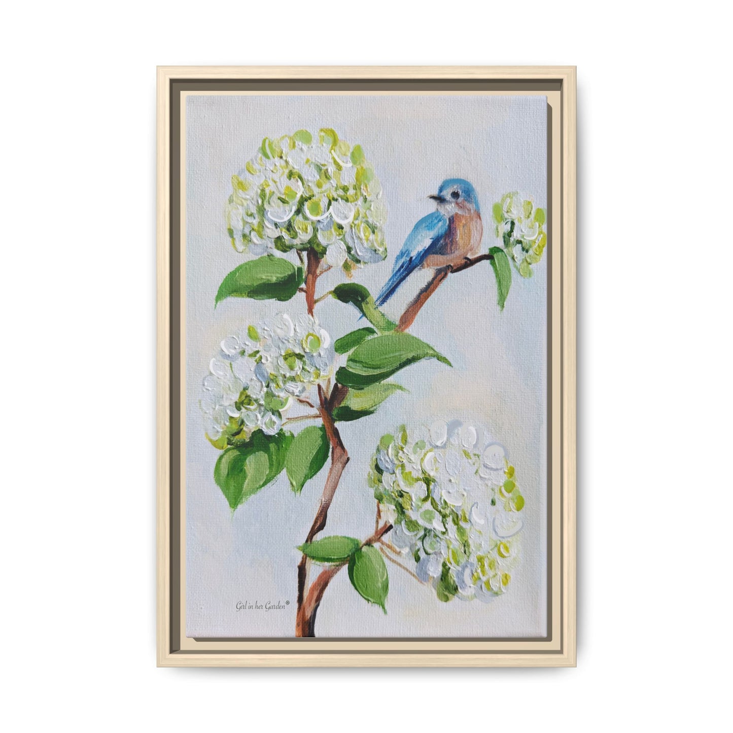 White Hydrangeas & Bird, framed Canvas