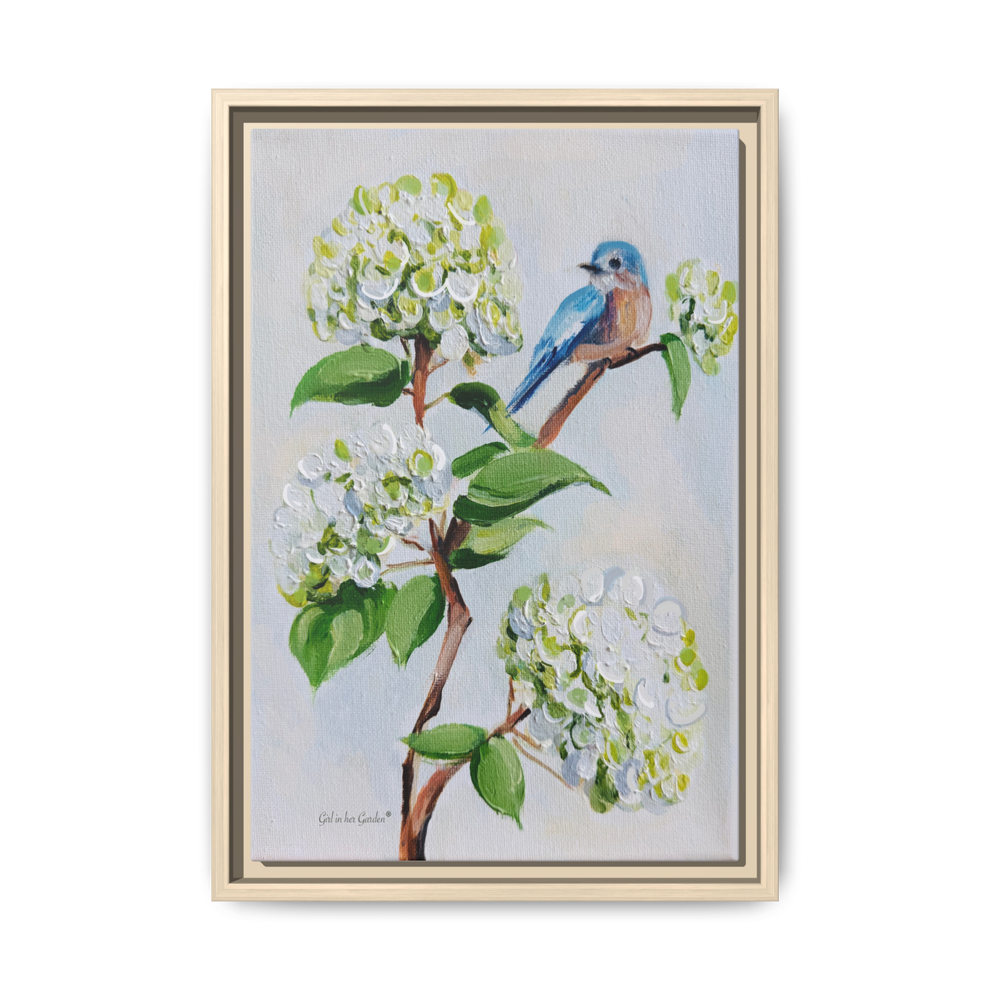 White Hydrangeas & Bird, framed Canvas