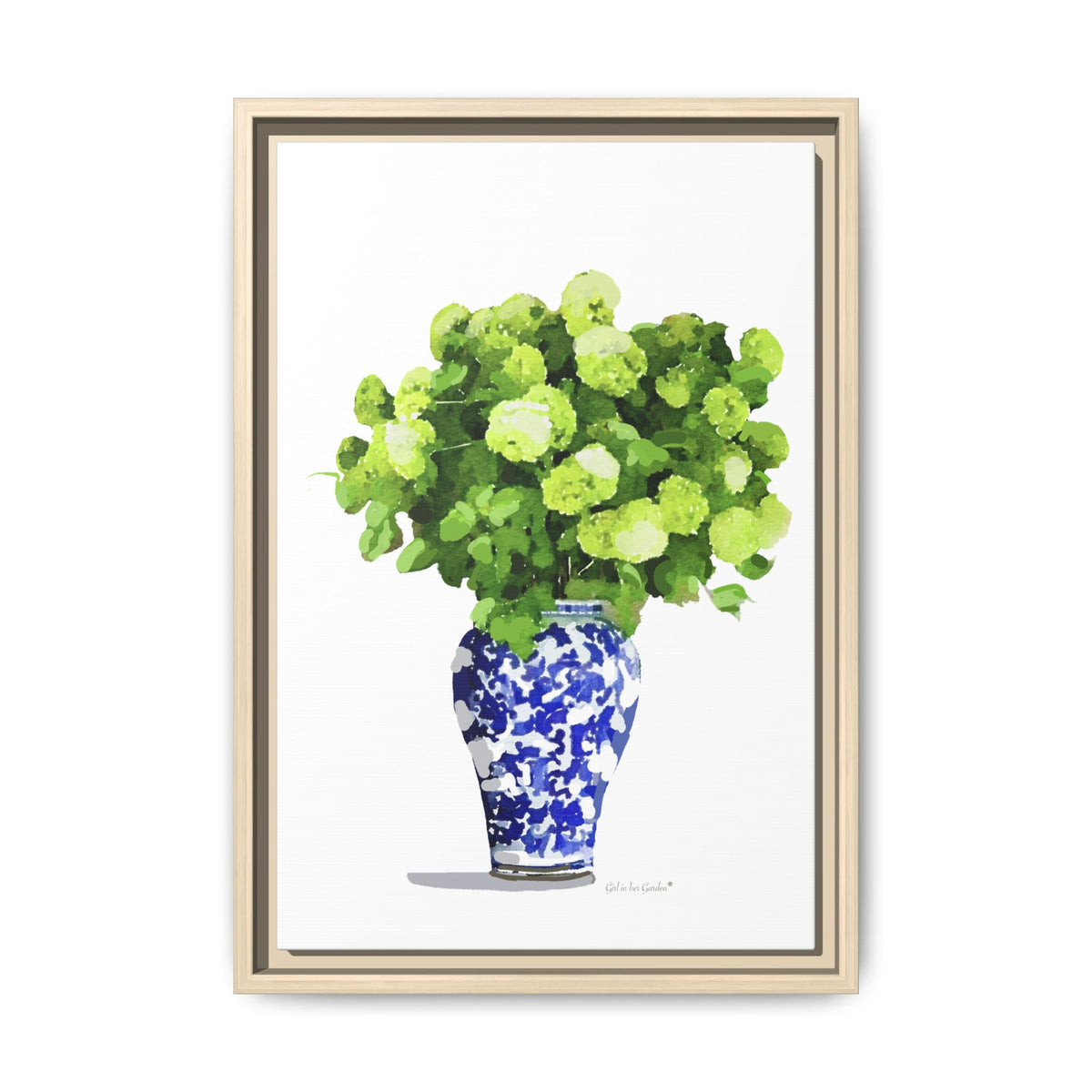 Framed watercolor art print of a blue and white patterned ceramic vase filled with lush green hydrangea blooms, set against a clean white background.