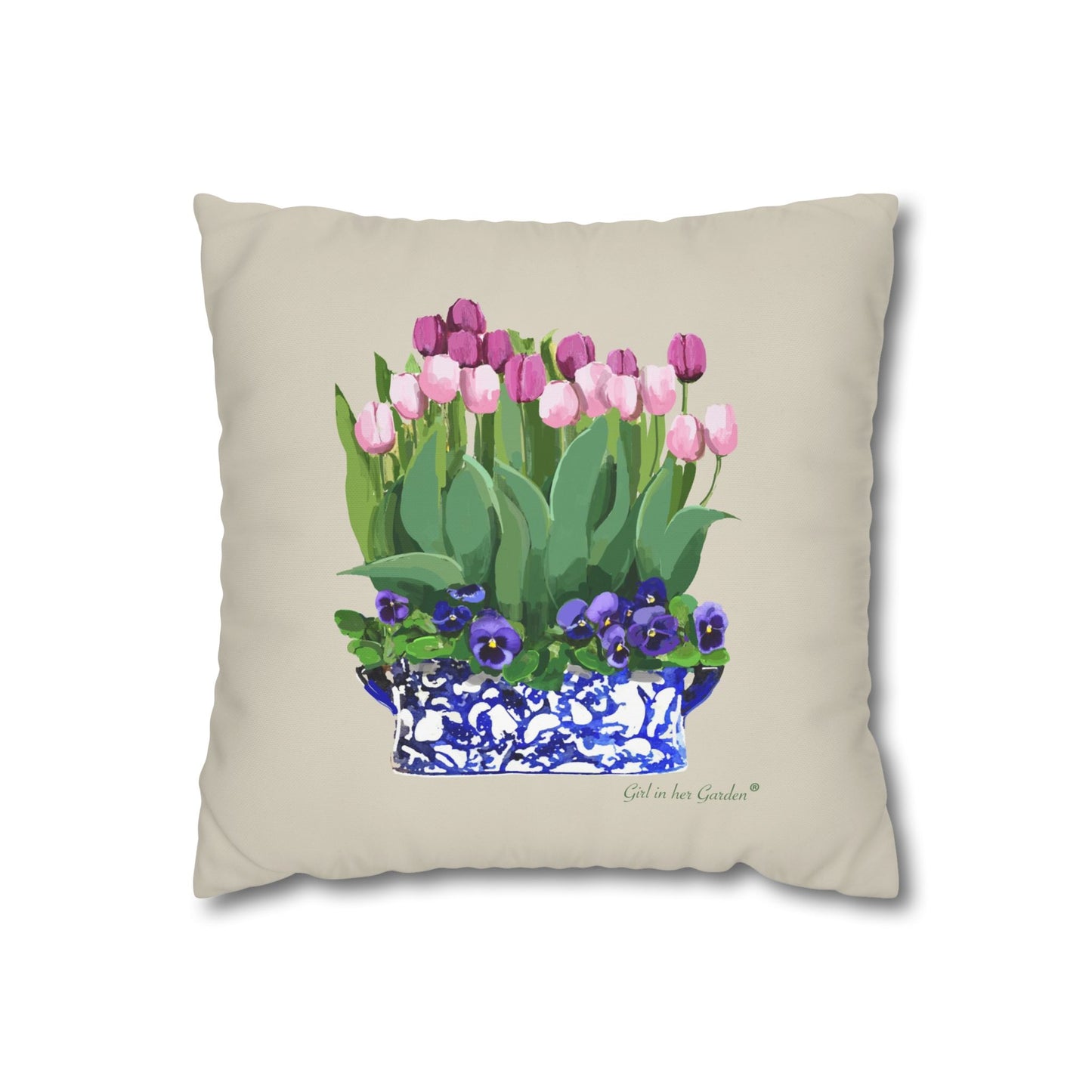 Pink Tulips & Pansy Chinoiserie Planter Pillow, Pillow Cover