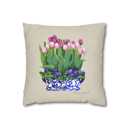 Pink Tulips & Pansy Chinoiserie Planter Pillow, Pillow Cover