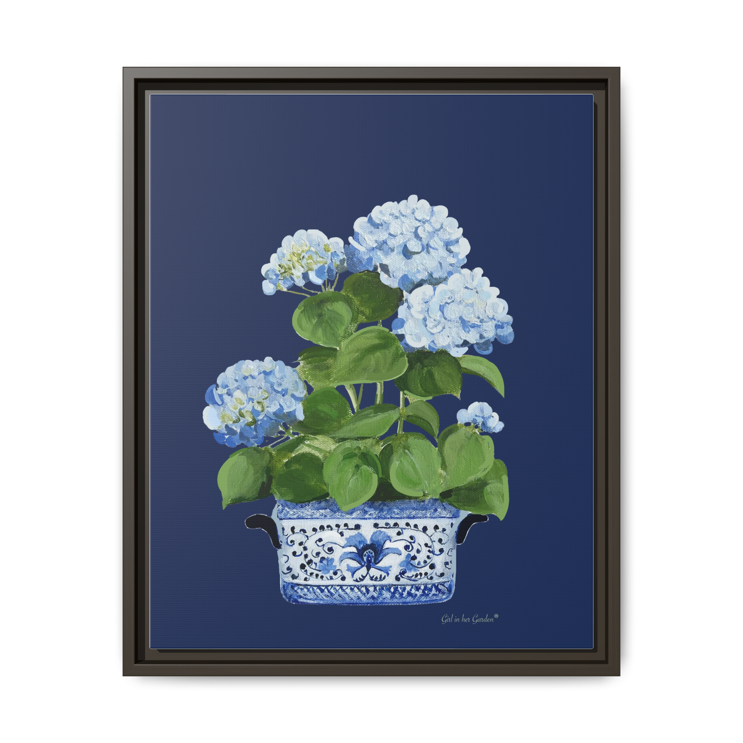 Blue Hydrangea Chinoiserie Framed Canvas Print,  Navy Floral Oil Painting Wall Art Framed
