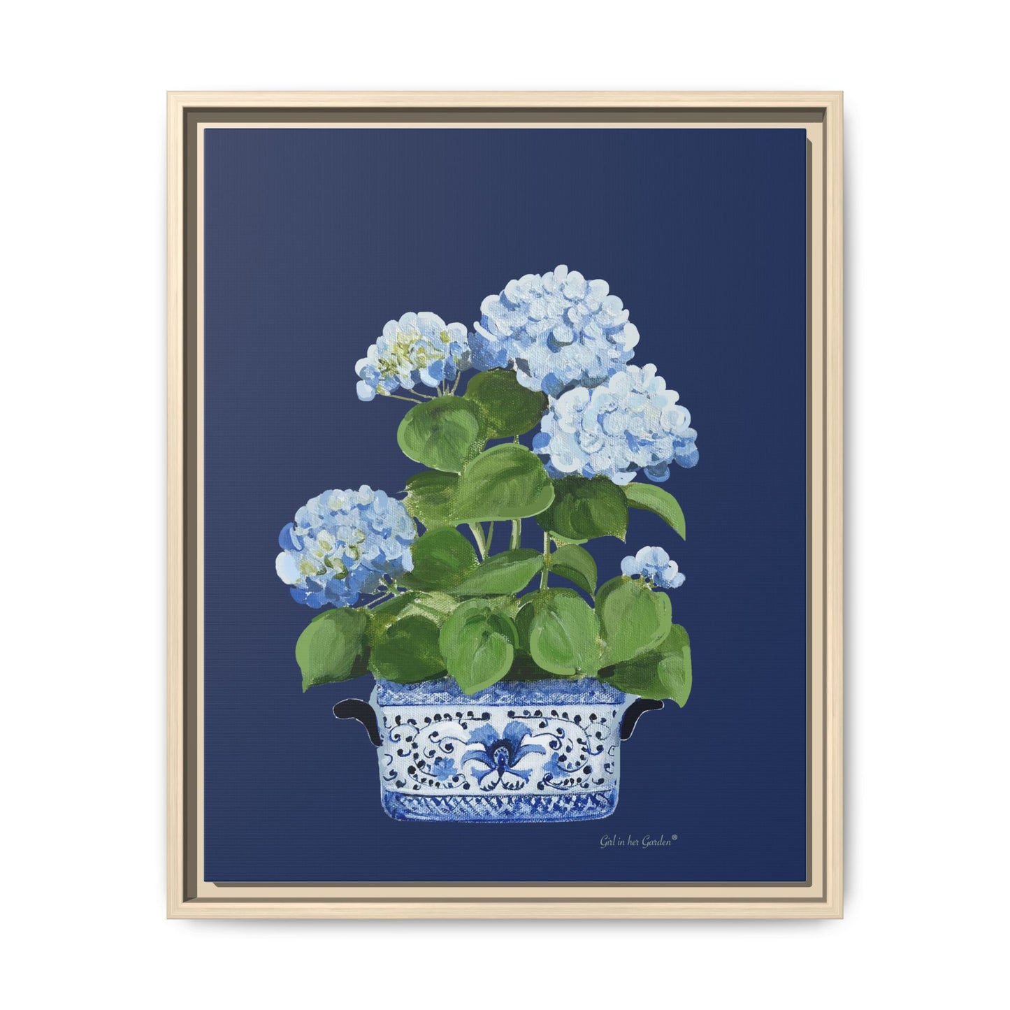 Blue Hydrangea Chinoiserie Framed Canvas Print,  Navy Floral Oil Painting Wall Art Framed