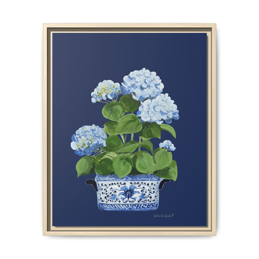 Blue Hydrangea Chinoiserie Framed Canvas Print,  Navy Floral Oil Painting Wall Art Framed