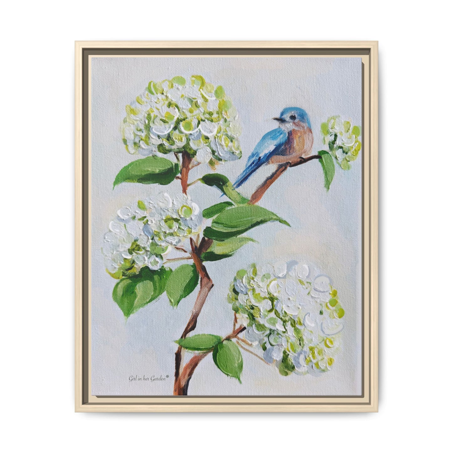 White Hydrangeas & Bird, framed Canvas