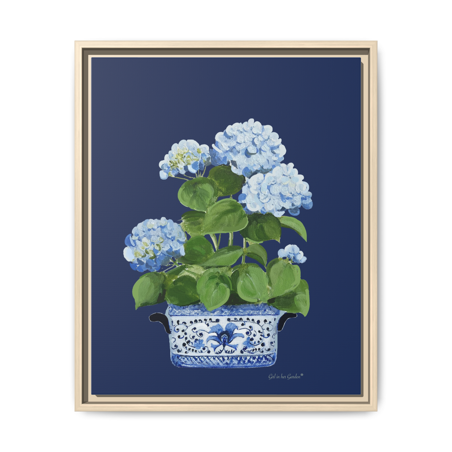 Blue Hydrangea Chinoiserie Framed Canvas Print,  Navy Floral Oil Painting Wall Art Framed