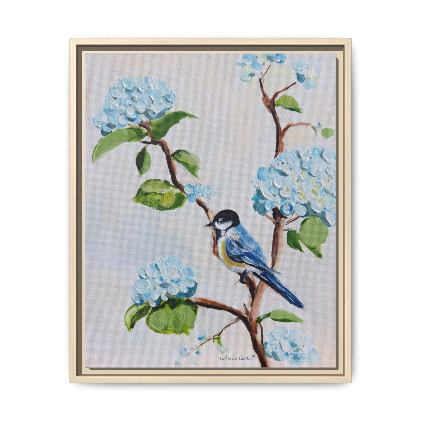 Lt. Blue Hydrangeas & Bird, framed Canvas