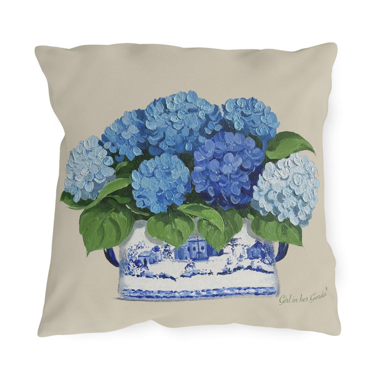 Multi Blue Hydrangeas  Chinoiserie Planter Outdoor Pillow, Pillow Cover