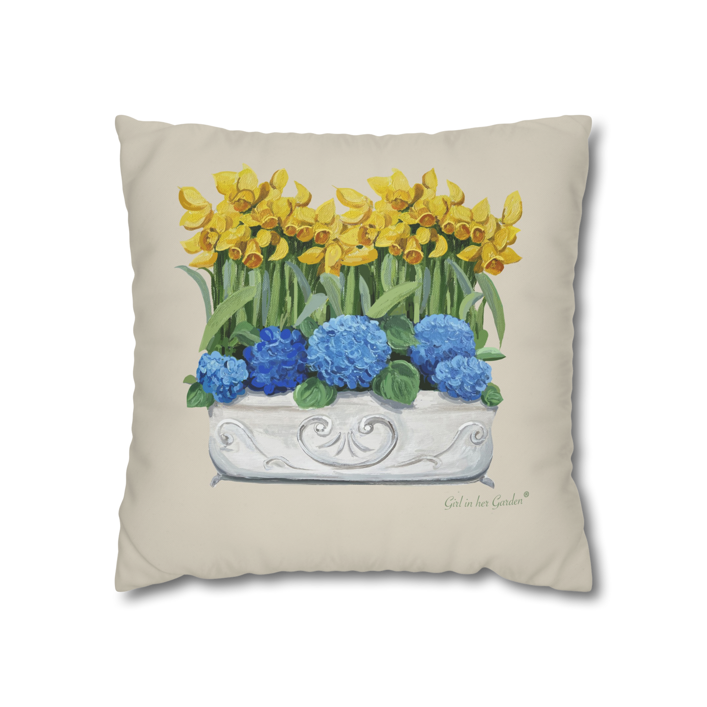 Daffodil & Blue Hydrangeas Chinoiserie Planter Pillow, Pillow Cover