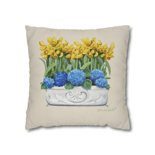 Daffodil & Blue Hydrangeas Chinoiserie Planter Pillow, Pillow Cover