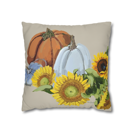 Beige Pumpkin & Sunflowers Outdoor Pillow, Pillow Cover