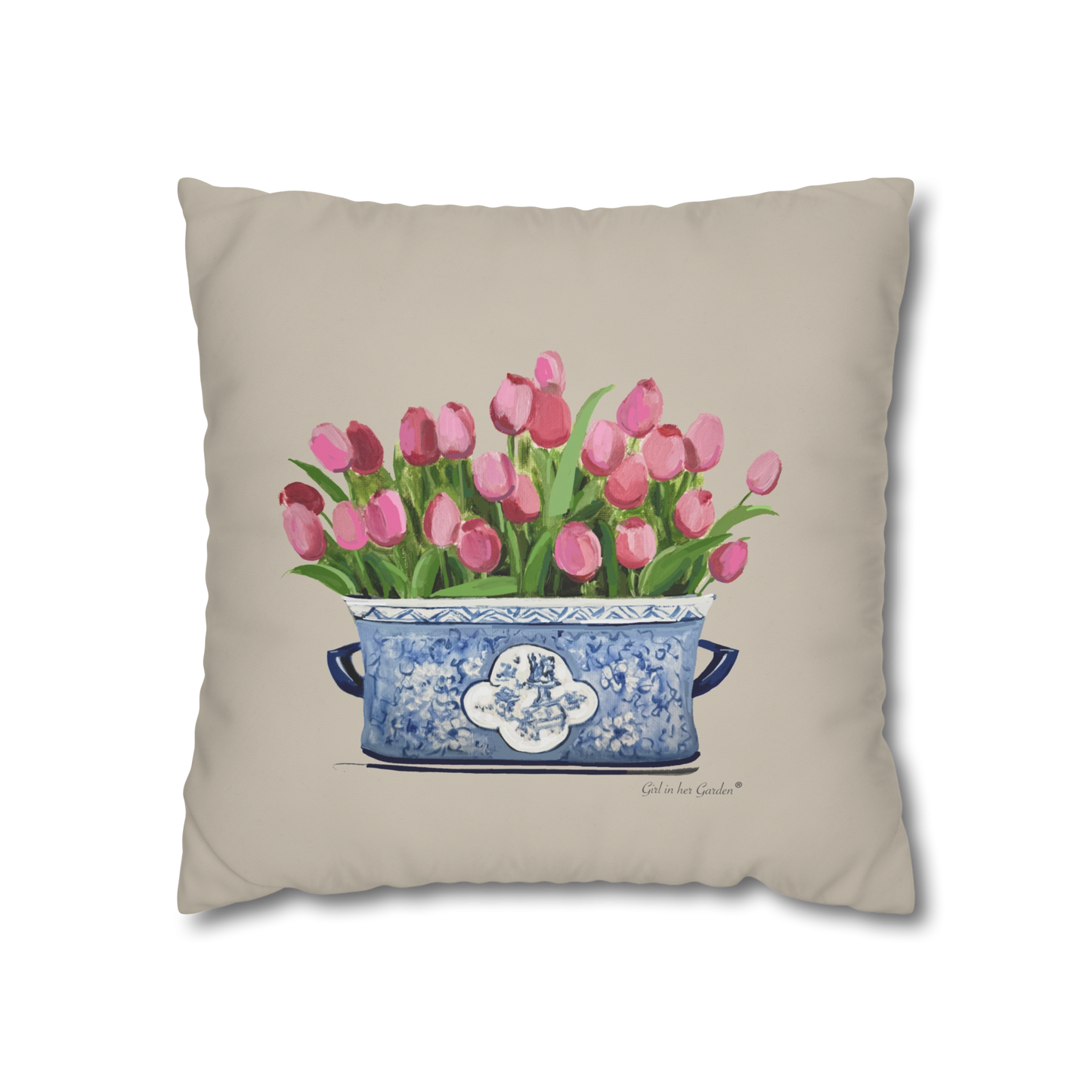 Pink Tulips Chinoiserie Planter Pillow, Pillow Cover