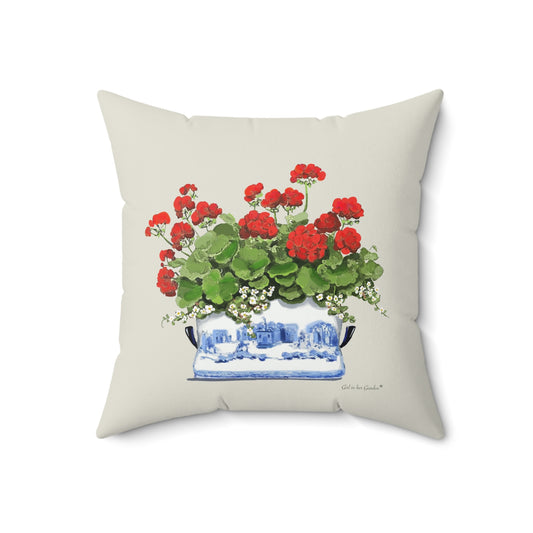 Red Geraniums Chinoiserie Planter Outdoor Pillow, Pillow Cover