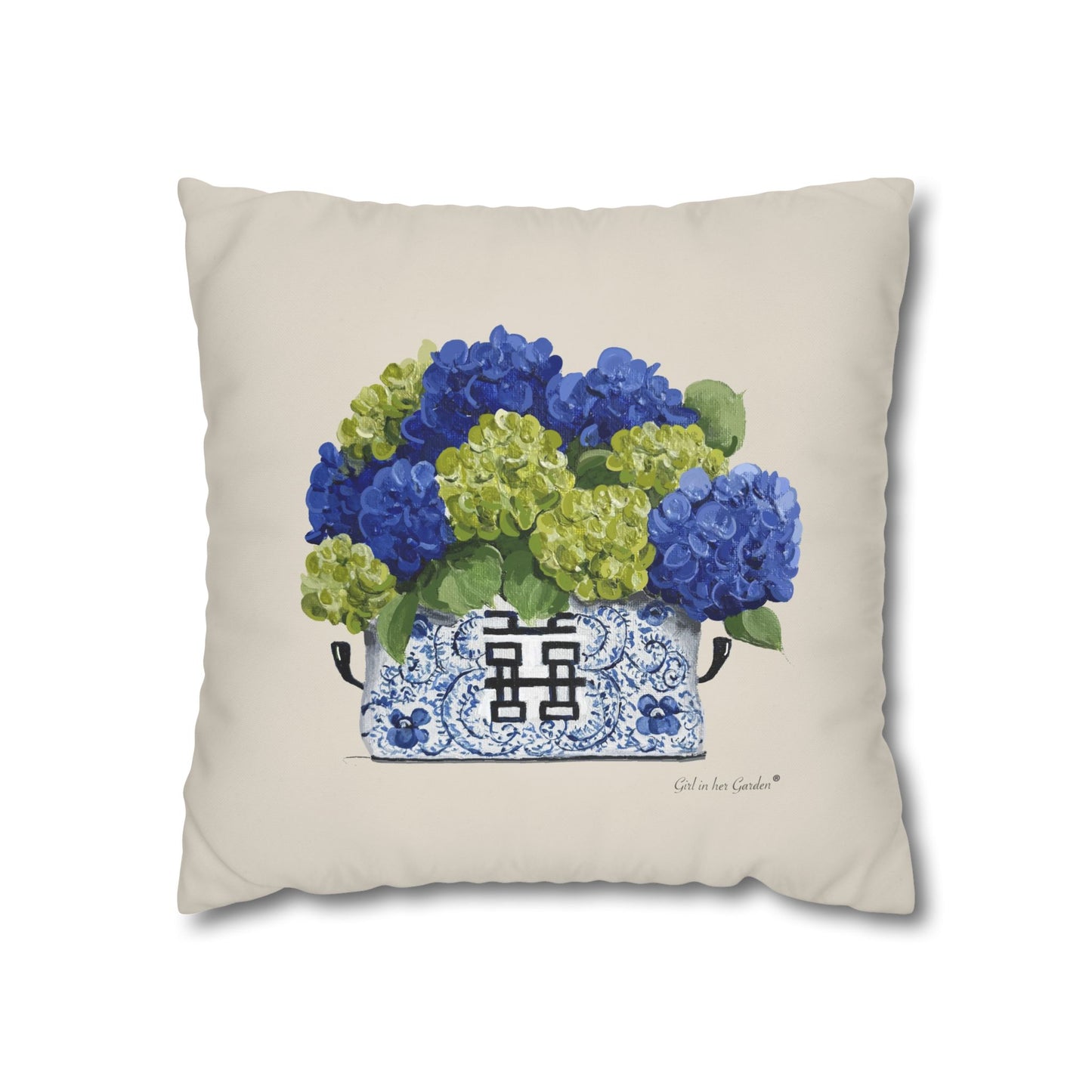 Dark Blue & Lime Green Chinoiserie Planter Pillow, Pillow Cover