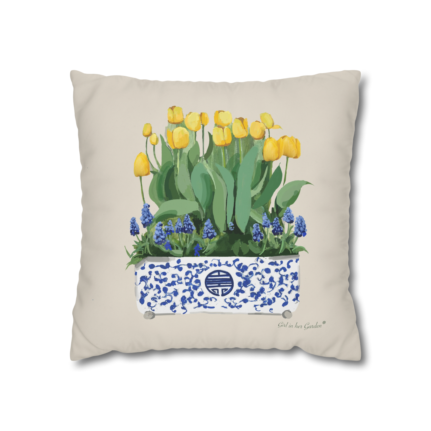 Yellow Tulips Chinoiserie Planter Pillow, Pillow Cover