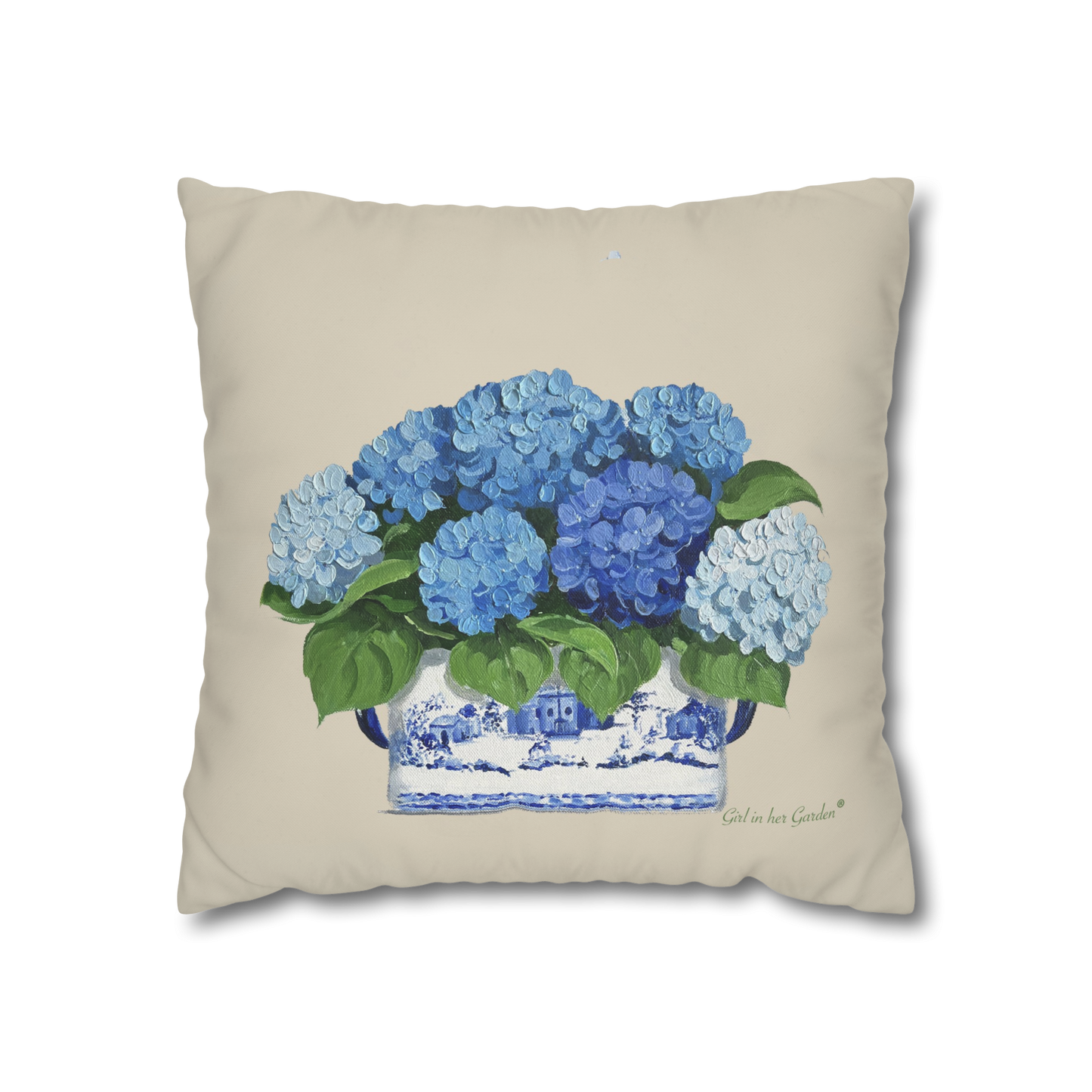 Multi Blue Hydrangeas  Chinoiserie Planter Outdoor Pillow, Pillow Cover
