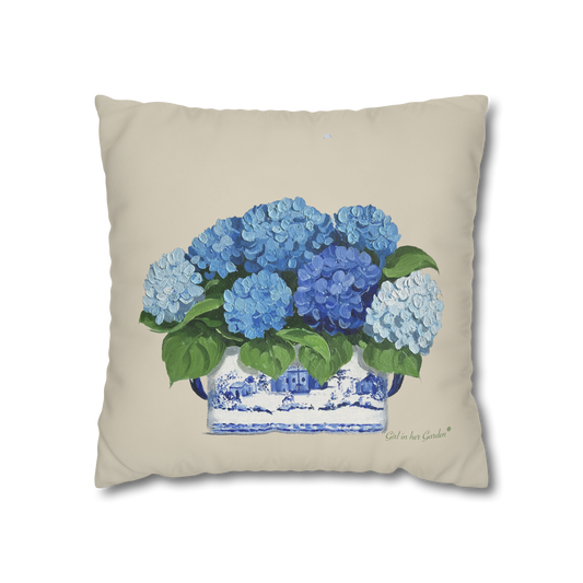 Multi Blue Hydrangeas  Chinoiserie Planter Outdoor Pillow, Pillow Cover
