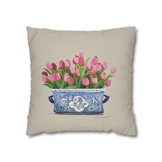 Pink Tulips Chinoiserie Planter Pillow, Pillow Cover