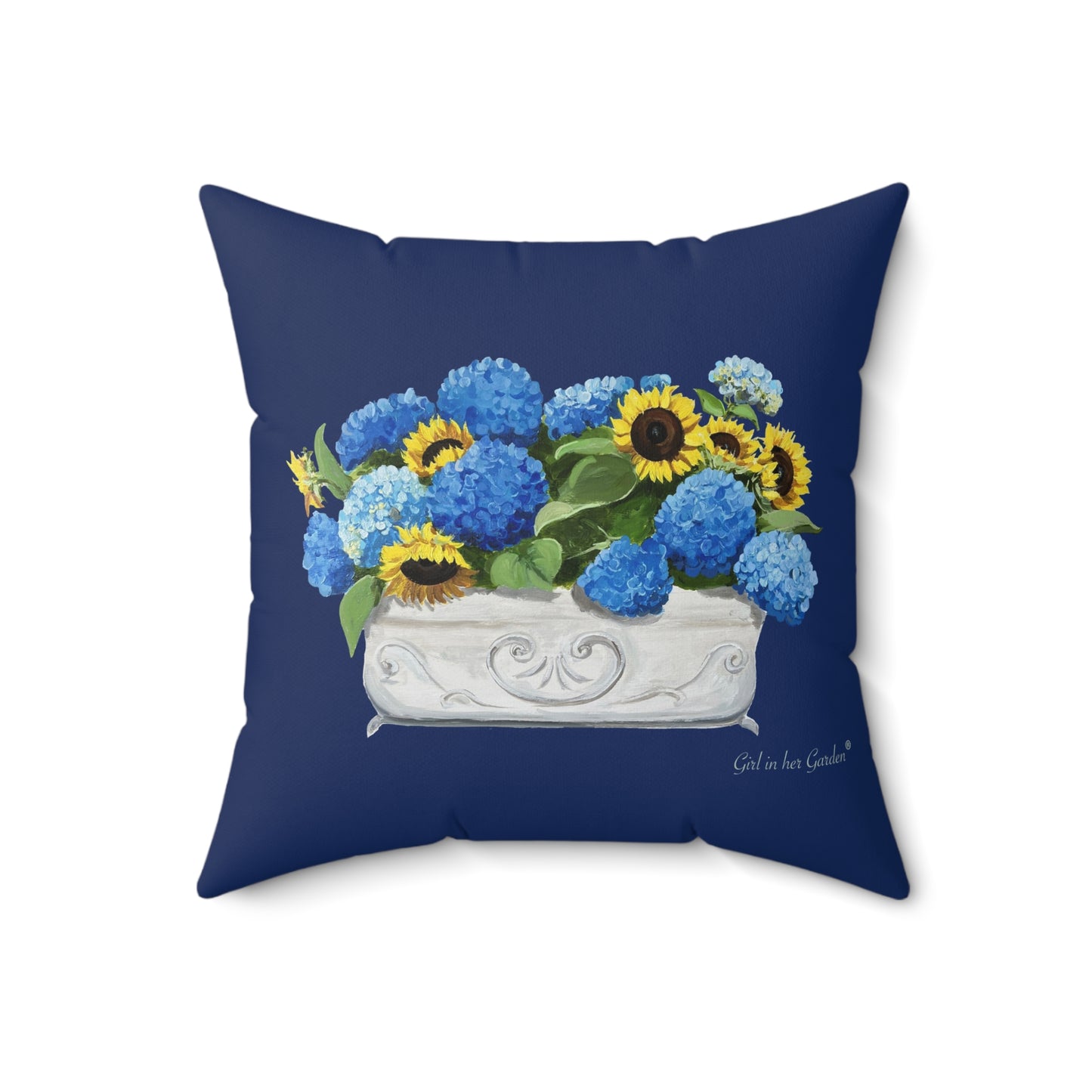 Sunflower & Blue Hydrangea Navy Pillow, Pillow Cover