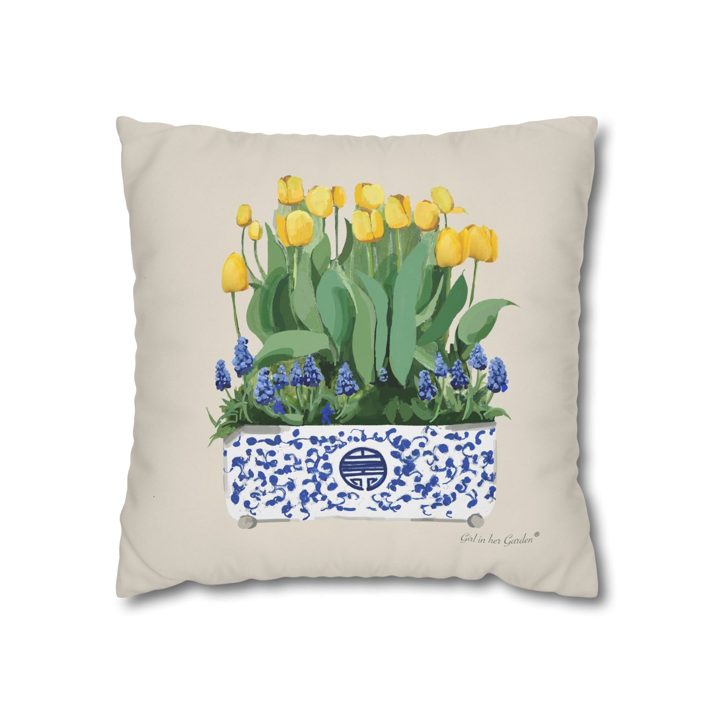 Yellow Tulips Chinoiserie Planter Pillow, Pillow Cover