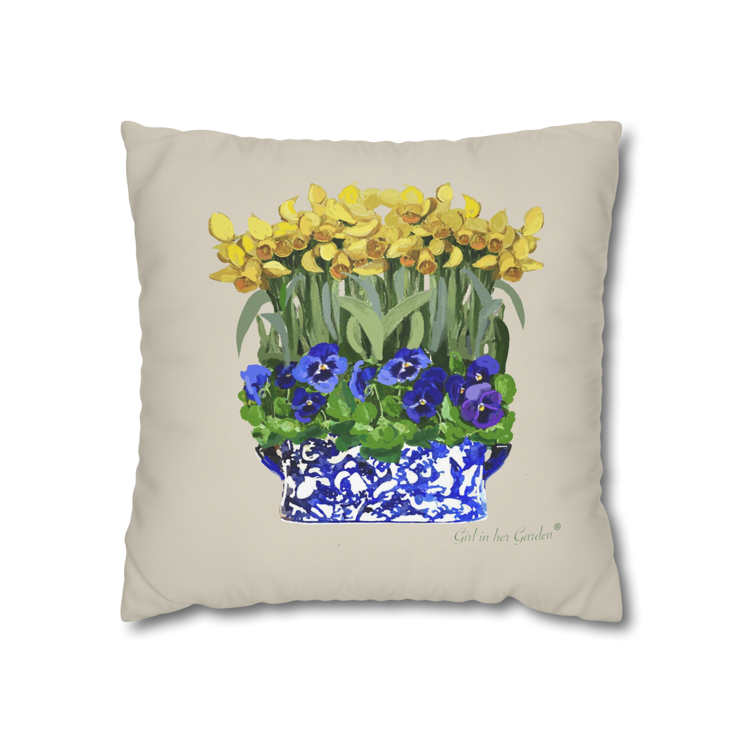 Daffodil, Pansy Chinoiserie Planter Outdoor Pillow, Pillow Cover
