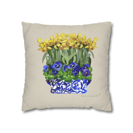 Daffodil, Pansy Chinoiserie Planter Outdoor Pillow, Pillow Cover