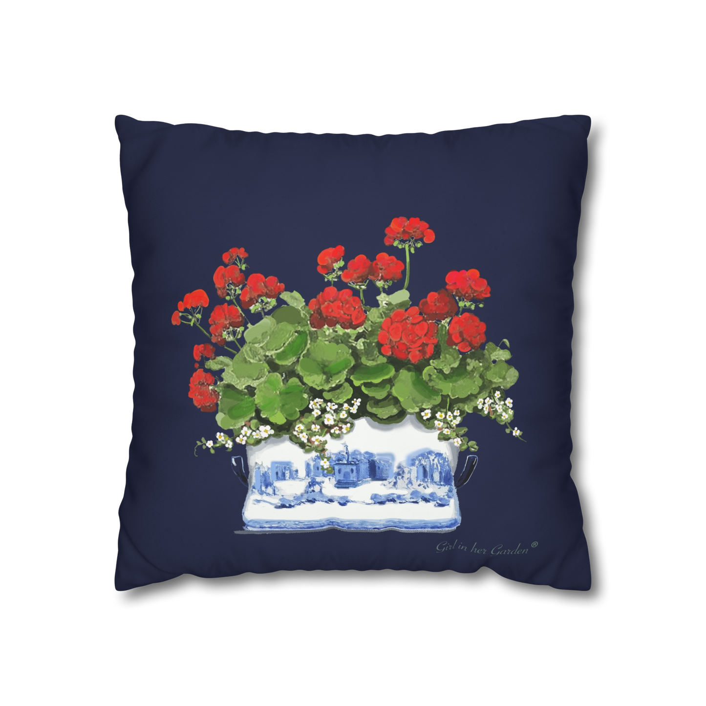 Red Geraniums Navy Chinoiserie Planter Outdoor Pillow, Pillow Cover