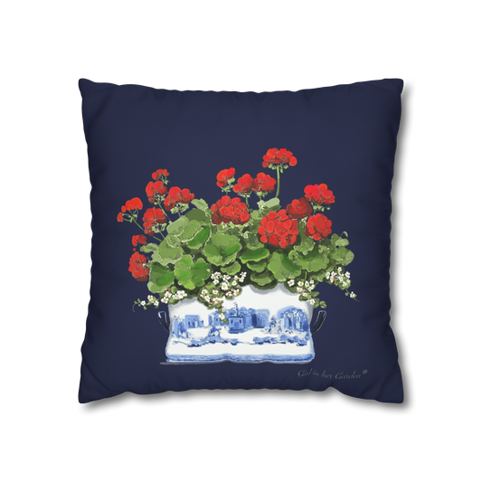 Red Geraniums Navy Chinoiserie Planter Outdoor Pillow, Pillow Cover